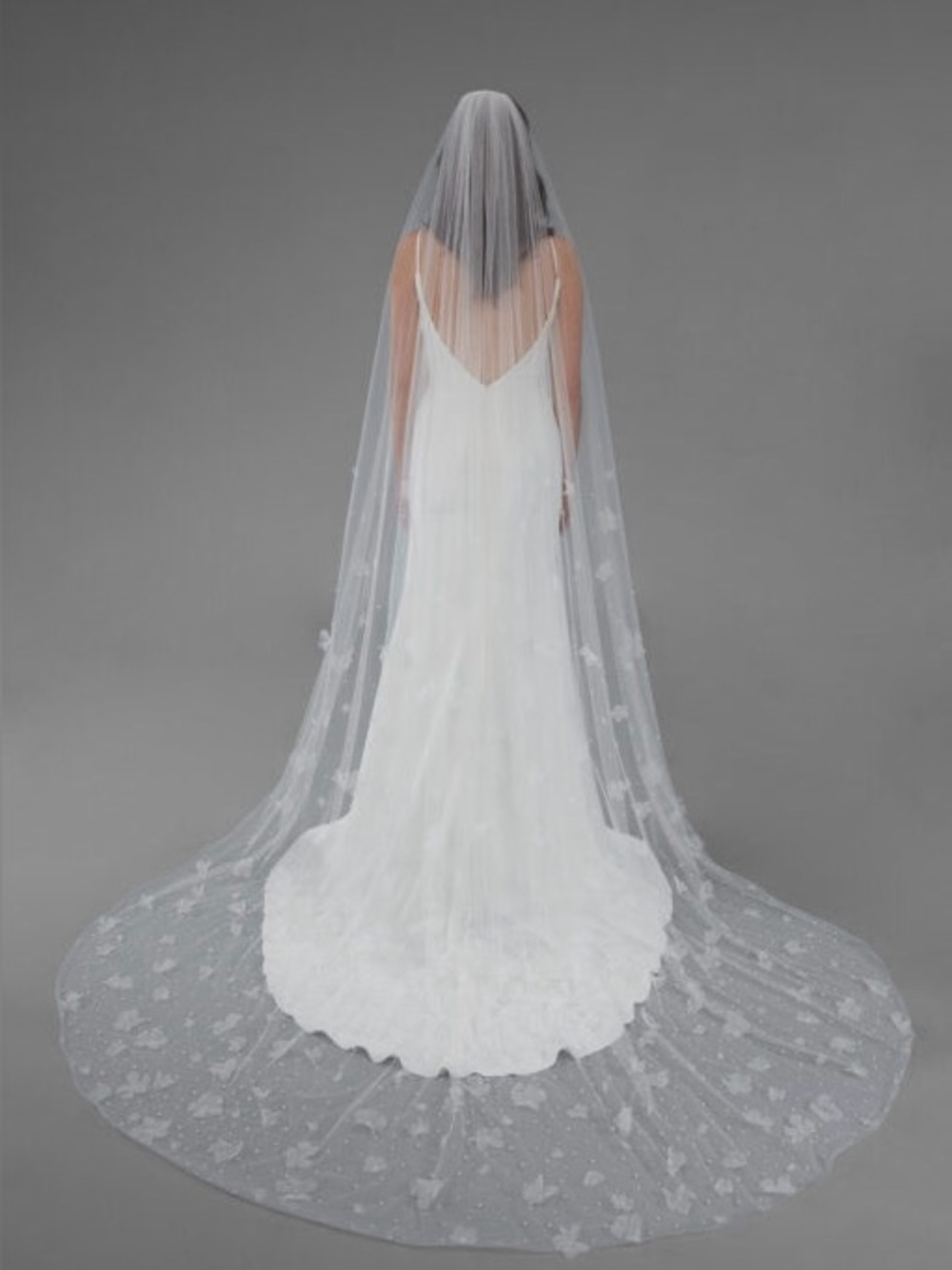 Long White Bridal Veil with Floral Appliqué